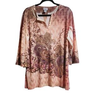 Chicos Orange Ivory Brown Paisley Embellished Print Blouse Shirt Top Sz 3 US XL